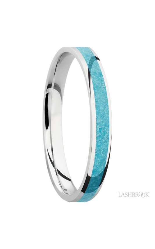 3 mm wide/Domed/Cobalt Chrome band with one 2 mm Centered inlay of Turquoise.