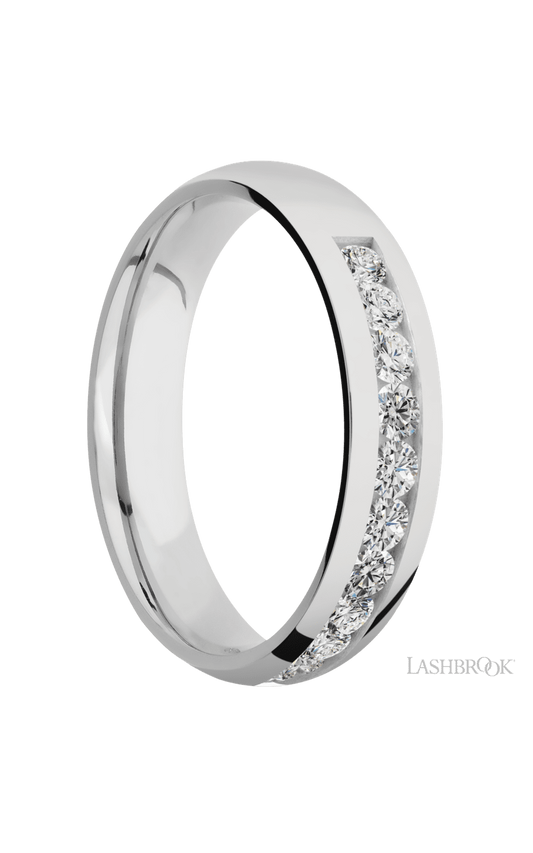 5 mm wide/Domed/Cobalt Chrome band with a Half Eternity arrangement of .07 carat Round Diamond stones in a Channel setting.