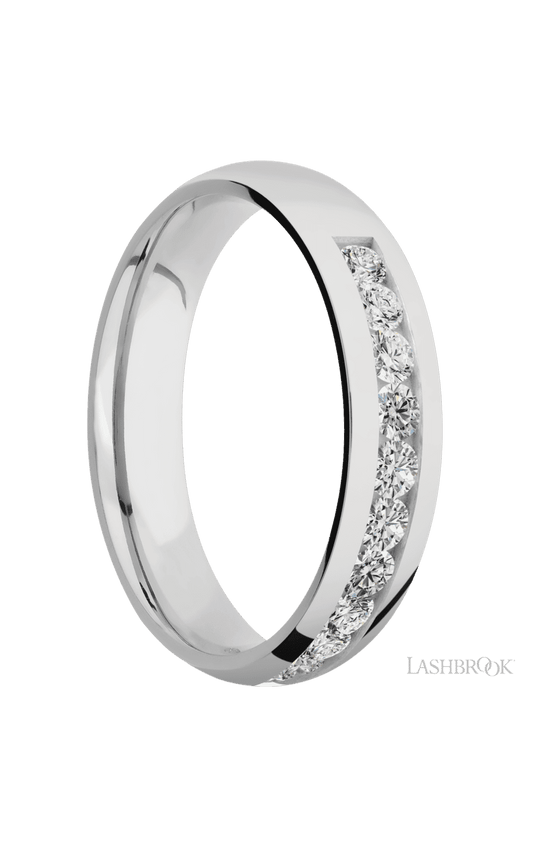 5 mm wide/Domed/Cobalt Chrome band with a Half Eternity arrangement of .07 carat Round Diamond stones in a Channel setting.
