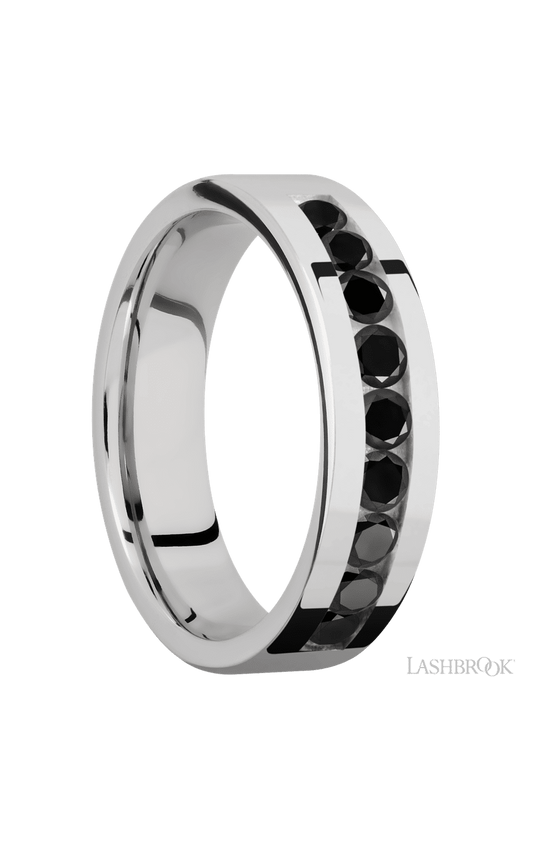 6 mm wide/Flat/Cobalt Chrome band with an  arrangement of 9, .1 carat Round Black Diamond stones in a Channel setting.