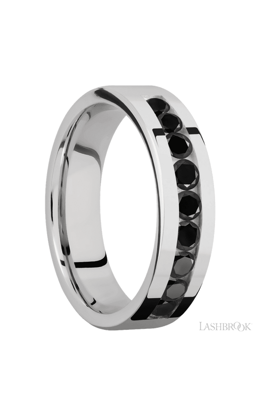 6 mm wide/Flat/Cobalt Chrome band with an  arrangement of 9, .1 carat Round Black Diamond stones in a Channel setting.