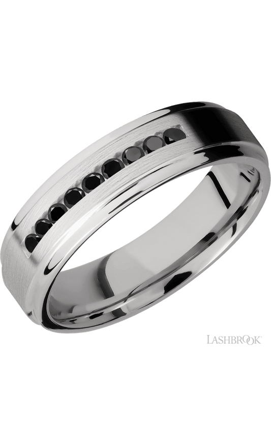 6 mm wide/Flat Grooved Edges/Cobalt Chrome band with an  arrangement of 9, .03 carat Round Black Diamond stones in a Channel setting.