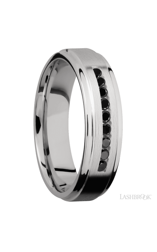 6 mm wide/Flat Grooved Edges/Cobalt Chrome band with an  arrangement of 9, .03 carat Round Black Diamond stones in a Channel setting.