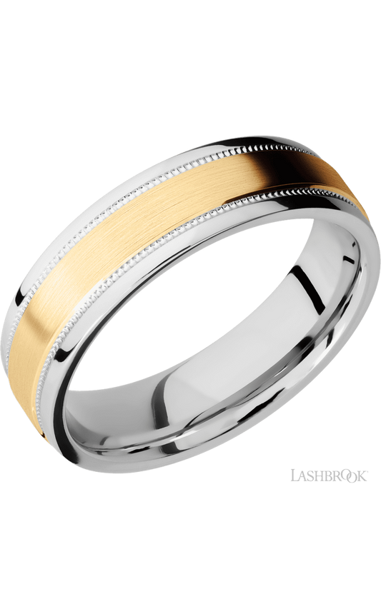 6 mm wide/Flat Stepped Edges Milgrain/Cobalt Chrome band with one 3 mm Raised Centered inlay of 14K Yellow Gold.