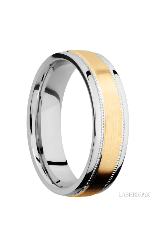 6 mm wide/Flat Stepped Edges Milgrain/Cobalt Chrome band with one 3 mm Raised Centered inlay of 14K Yellow Gold.