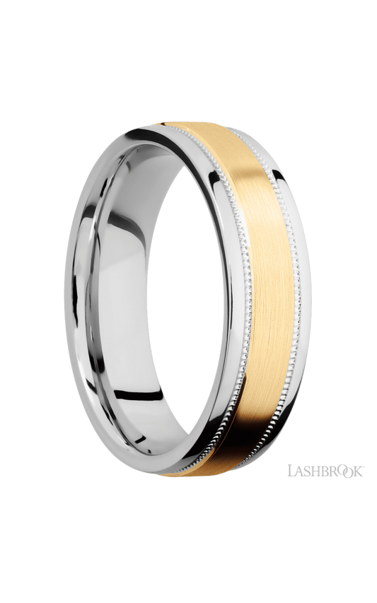 6 mm wide/Flat Stepped Edges Milgrain/Cobalt Chrome band with one 3 mm Raised Centered inlay of 14K Yellow Gold.