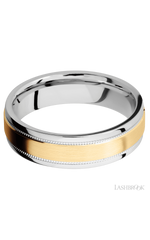6 mm wide/Flat Stepped Edges Milgrain/Cobalt Chrome band with one 3 mm Raised Centered inlay of 14K Yellow Gold.