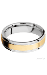 6 mm wide/Flat Stepped Edges Milgrain/Cobalt Chrome band with one 3 mm Raised Centered inlay of 14K Yellow Gold.