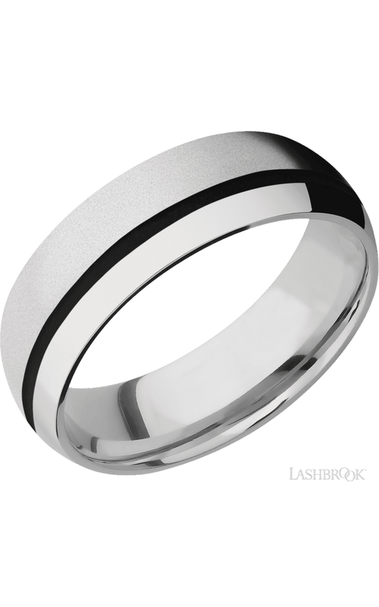 7 mm wide/Domed/Cobalt Chrome band with one 1 mm Off Center inlay of Black.