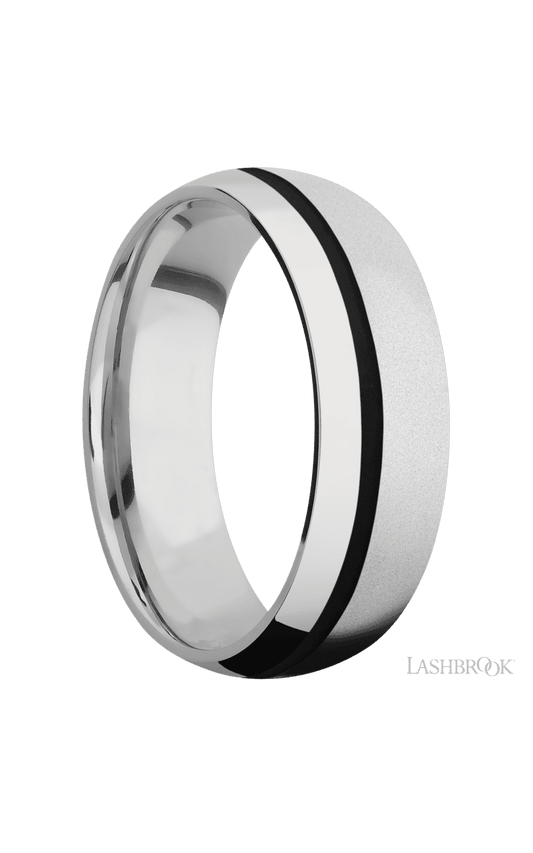 7 mm wide/Domed/Cobalt Chrome band with one 1 mm Off Center inlay of Black.