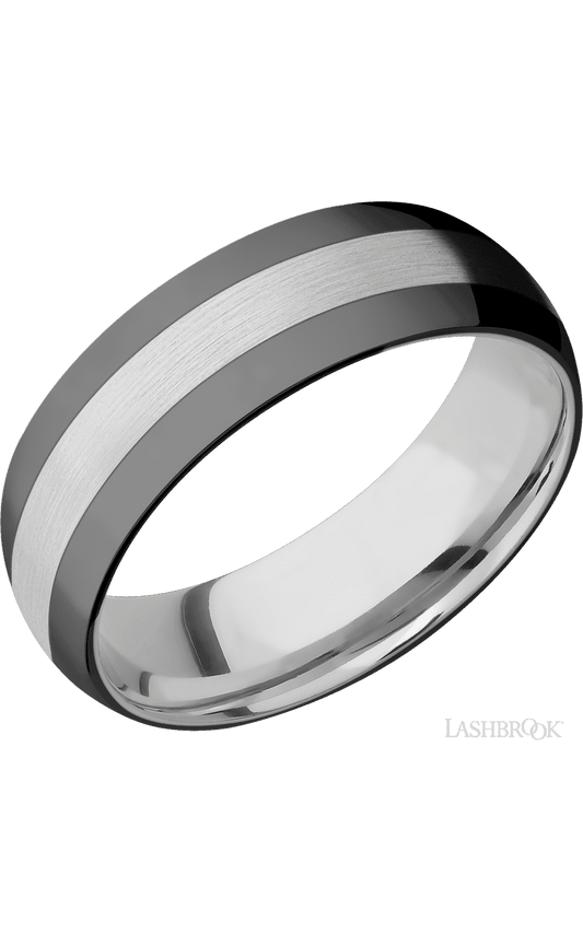 7 mm wide/Domed/Cobalt Chrome band with two 2 mm Double Off Center Edge inlays of Zirconium.