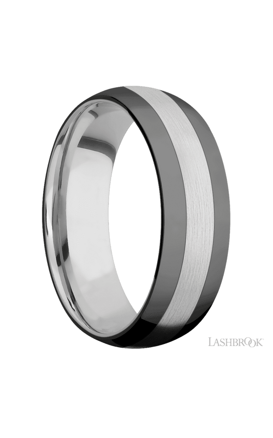 7 mm wide/Domed/Cobalt Chrome band with two 2 mm Double Off Center Edge inlays of Zirconium.