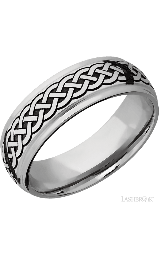 7 mm wide/Domed Stepped Down Edges/Cobalt Chrome band with a laser carved Celtic 9 pattern.