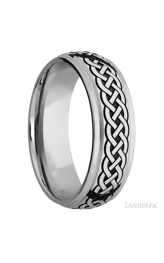 7 mm wide/Domed Stepped Down Edges/Cobalt Chrome band with a laser carved Celtic 9 pattern.