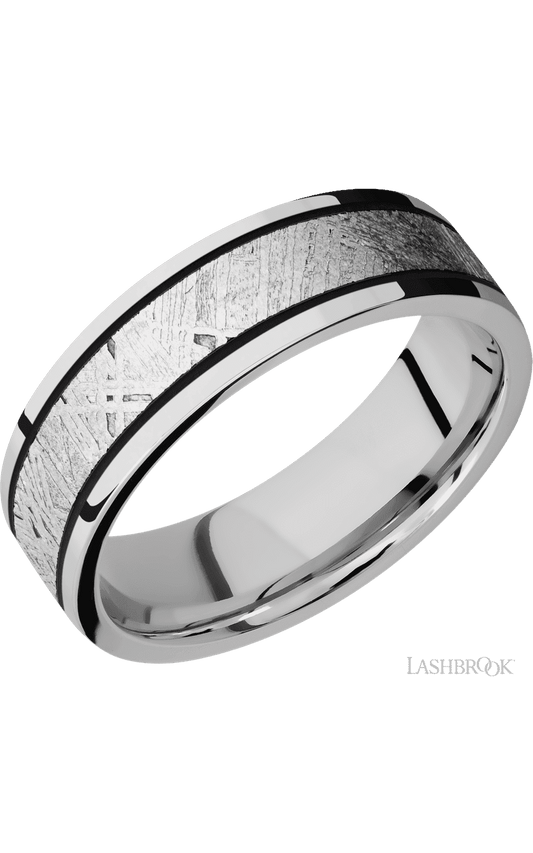 7 mm wide/Flat/Cobalt Chrome band with one 4 mm Centered inlay of Meteorite.