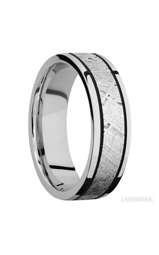 7 mm wide/Flat/Cobalt Chrome band with one 4 mm Centered inlay of Meteorite.