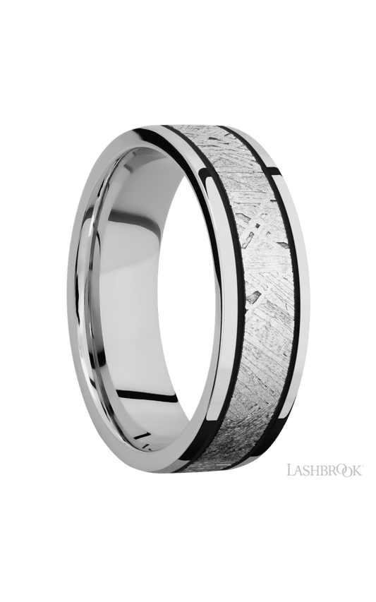 7 mm wide/Flat/Cobalt Chrome band with one 4 mm Centered inlay of Meteorite.