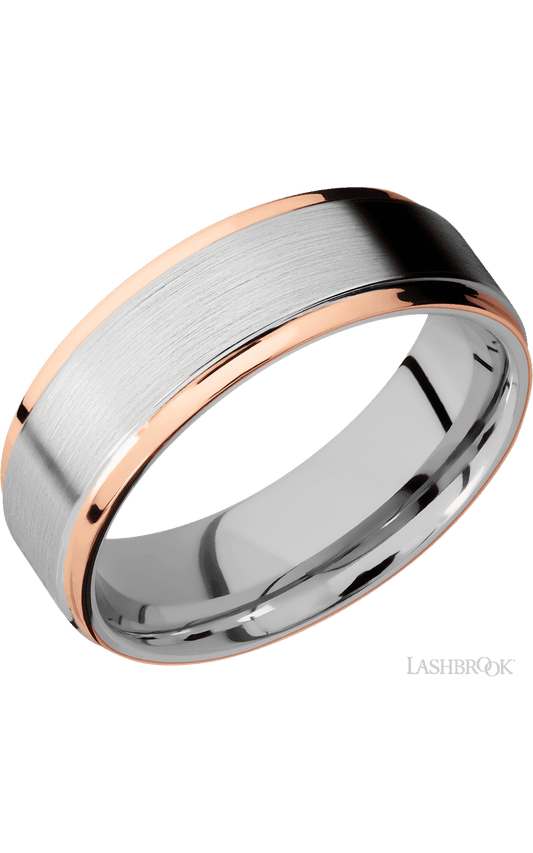 7 mm wide/Flat Grooved Edges/Cobalt Chrome band with two 1 mm Edge inlays of 14K Rose Gold.