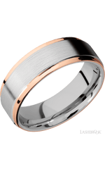 7 mm wide/Flat Grooved Edges/Cobalt Chrome band with two 1 mm Edge inlays of 14K Rose Gold.