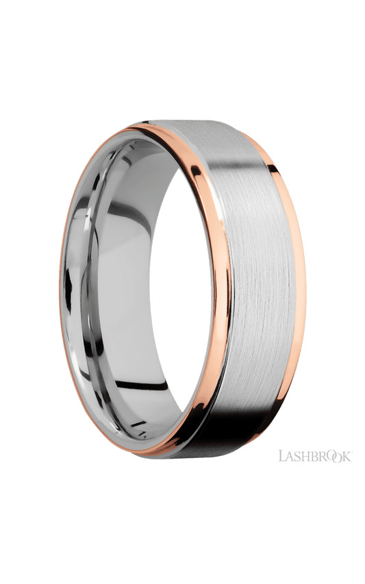7 mm wide/Flat Grooved Edges/Cobalt Chrome band with two 1 mm Edge inlays of 14K Rose Gold.