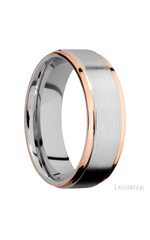 7 mm wide/Flat Grooved Edges/Cobalt Chrome band with two 1 mm Edge inlays of 14K Rose Gold.
