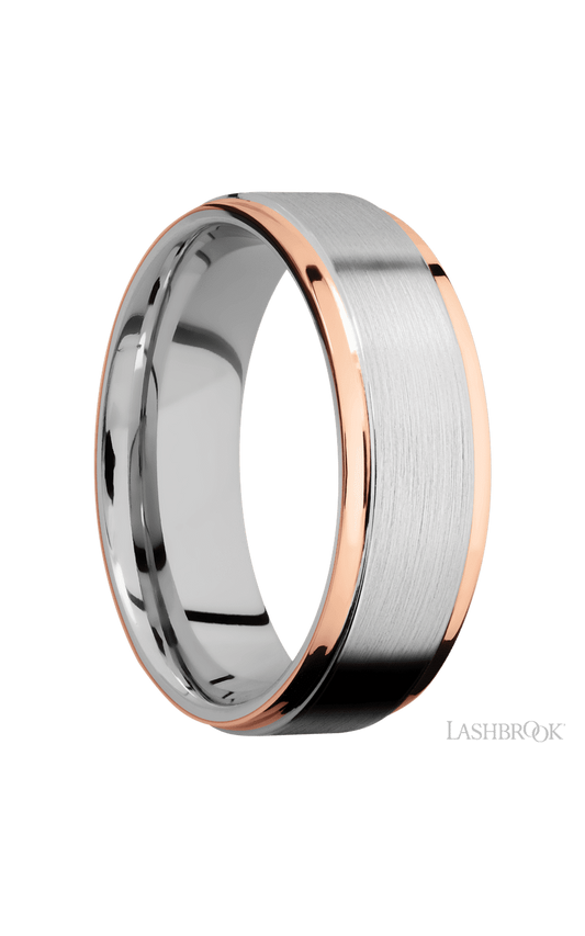 7 mm wide/Flat Grooved Edges/Cobalt Chrome band with two 1 mm Edge inlays of 14K Rose Gold.