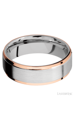7 mm wide/Flat Grooved Edges/Cobalt Chrome band with two 1 mm Edge inlays of 14K Rose Gold.