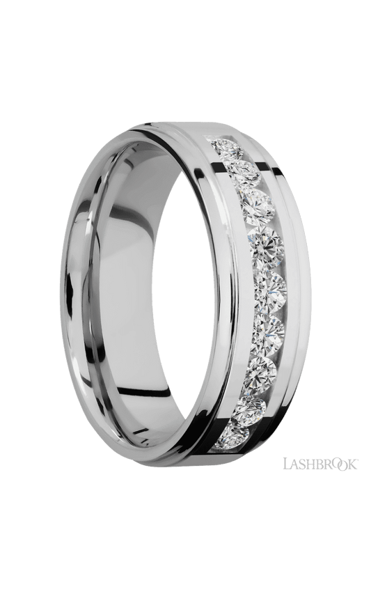 7 mm wide/Flat Grooved Edges/Cobalt Chrome band with an  arrangement of 9, .1 carat Round Diamond stones in a Channel setting.