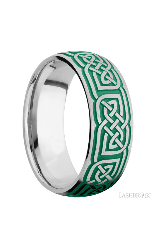 8 mm wide/Domed/Cobalt Chrome band with a laser carved Celtic 17 pattern.