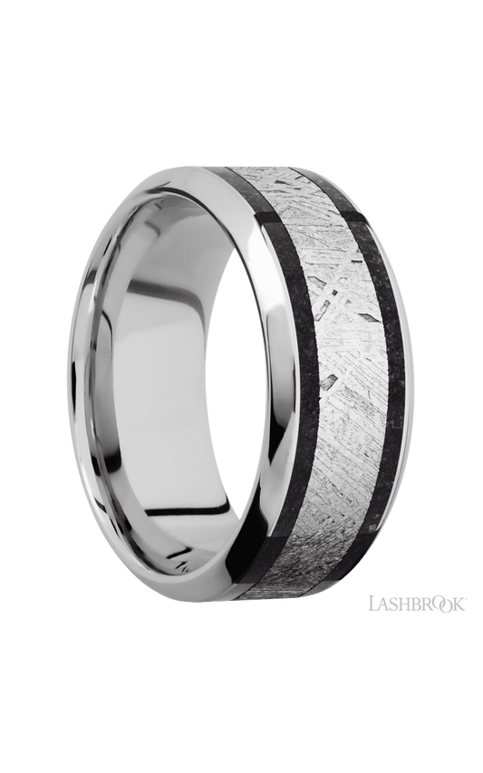 9 mm wide/High Bevel/Cobalt Chrome band featuring inlays of Dinosaur Bone Black and Meteorite.