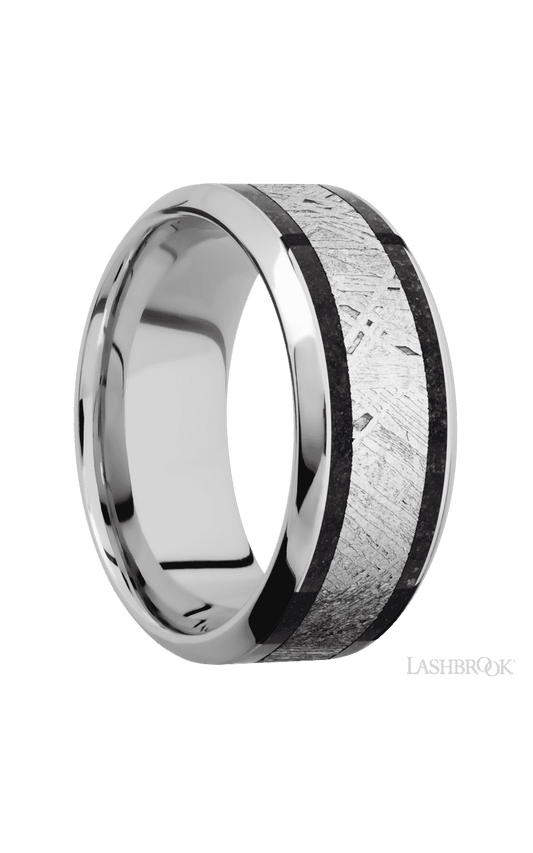 9 mm wide/High Bevel/Cobalt Chrome band featuring inlays of Dinosaur Bone Black and Meteorite.