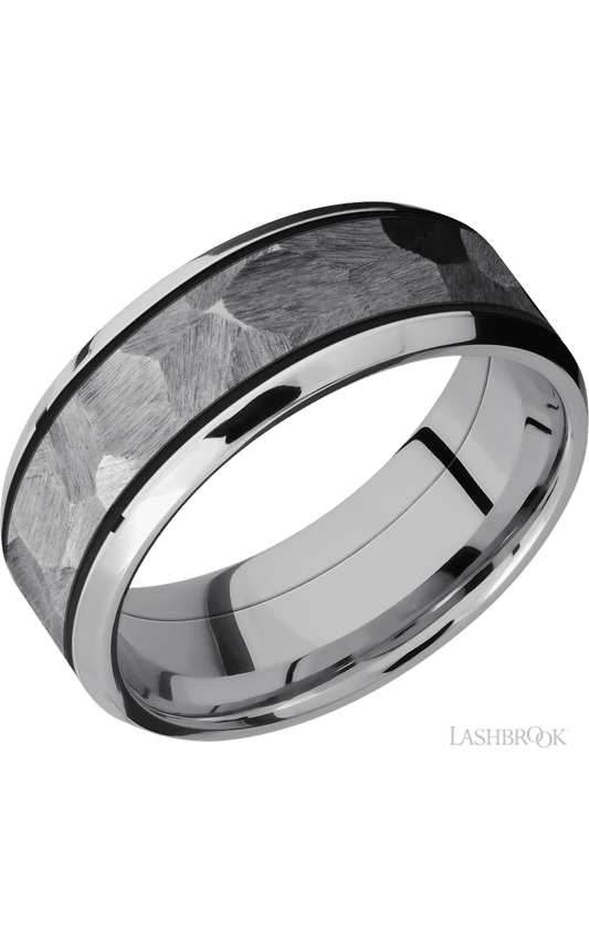 8 mm wide/Beveled/Cobalt Chrome band with one 5 mm Centered inlay of Tantalum.
