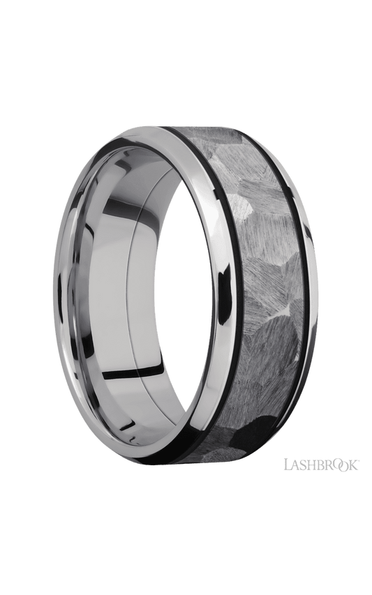 8 mm wide/Beveled/Cobalt Chrome band with one 5 mm Centered inlay of Tantalum.