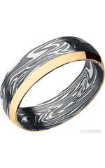 7 mm wide/Domed/Kinetic band with one 2 mm Off Center Edge inlay of 14K Yellow Gold.