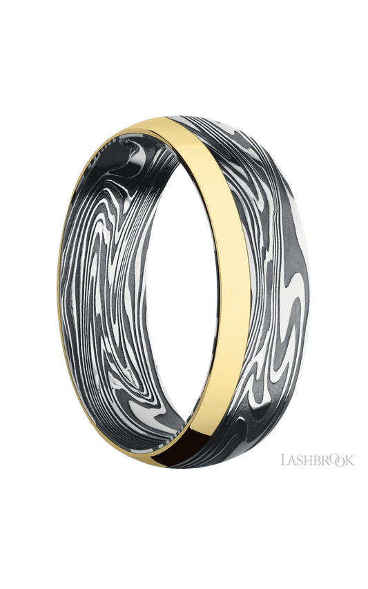 7 mm wide/Domed/Kinetic band with one 2 mm Off Center Edge inlay of 14K Yellow Gold.
