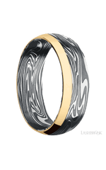 7 mm wide/Domed/Kinetic band with one 2 mm Off Center Edge inlay of 14K Yellow Gold.