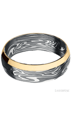 7 mm wide/Domed/Kinetic band with one 2 mm Off Center Edge inlay of 14K Yellow Gold.