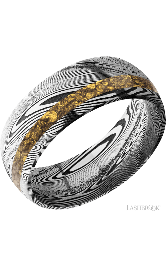 8 mm wide/Domed/Tightweave band with one 2 mm Off Center inlay of Alaskan Gold Nugget.