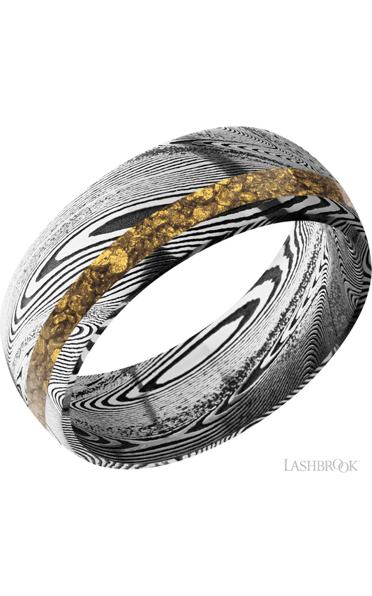 8 mm wide/Domed/Tightweave band with one 2 mm Off Center inlay of Alaskan Gold Nugget.