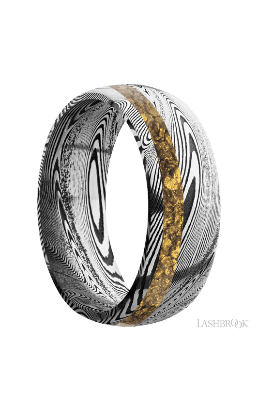 8 mm wide/Domed/Tightweave band with one 2 mm Off Center inlay of Alaskan Gold Nugget.