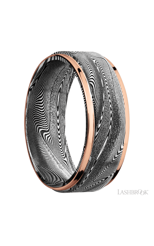 8 mm wide/Flat Grooved Edges/Tightweave band with two 1 mm Edge inlays of 14K Rose Gold.