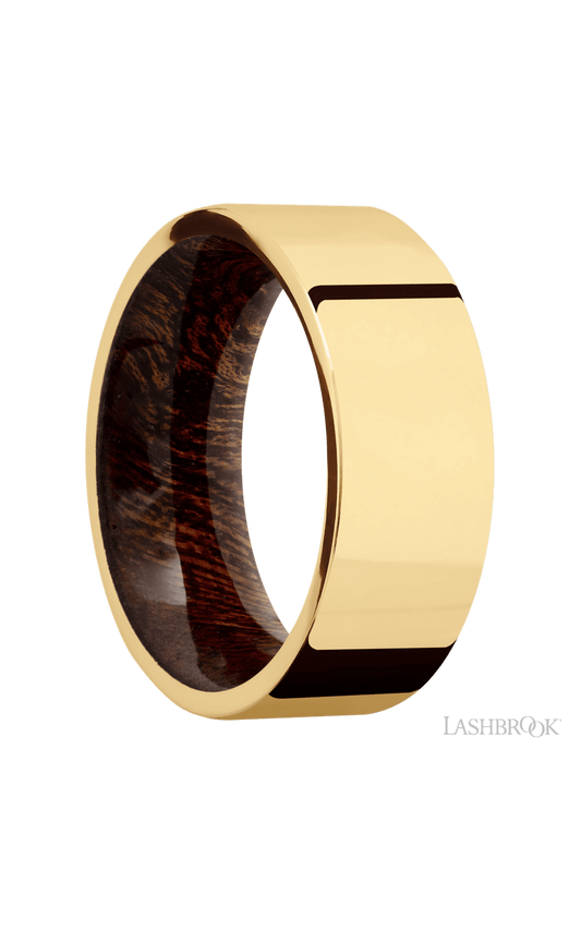 8 mm wide Flat 14K Yellow Gold band featuring a Sapele sleeve.