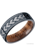 7 mm wide/Flat/Tantalum band with a laser carved Maori pattern also featuring a Koa sleeve.