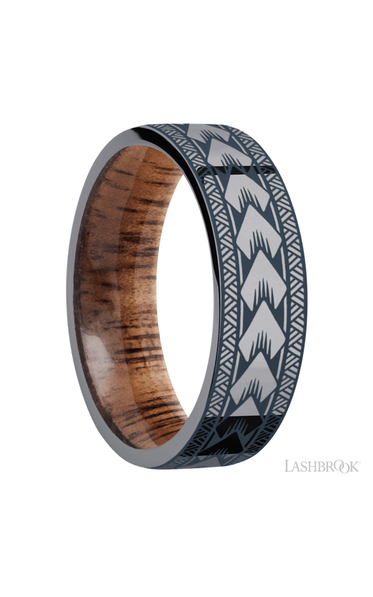 7 mm wide/Flat/Tantalum band with a laser carved Maori pattern also featuring a Koa sleeve.