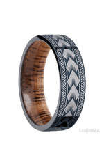 7 mm wide/Flat/Tantalum band with a laser carved Maori pattern also featuring a Koa sleeve.