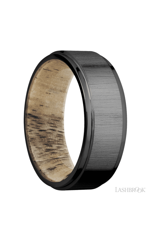 8 mm wide Flat Grooved Edges Zirconium band featuring a Spalted Tamarind sleeve.