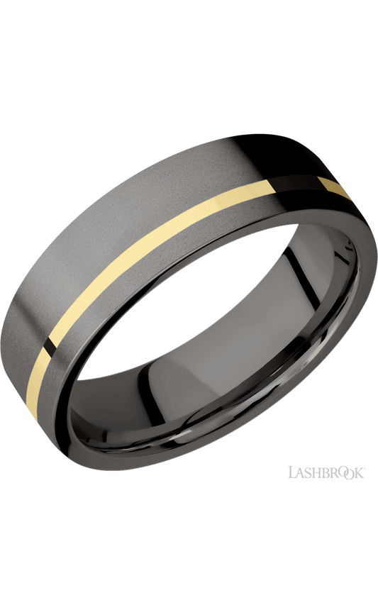 7 mm wide/Flat/Tantalum Noir band with one 1 mm Off Center inlay of 14K Yellow Gold.