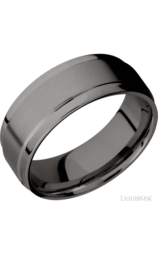 8 mm wide Flat Wide Grooved Edges Tantalum Noir band.
