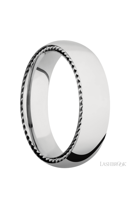6 mm wide/Domed/14K White Gold band with two 1 mm Sidebraid inlays of 14K White Gold.