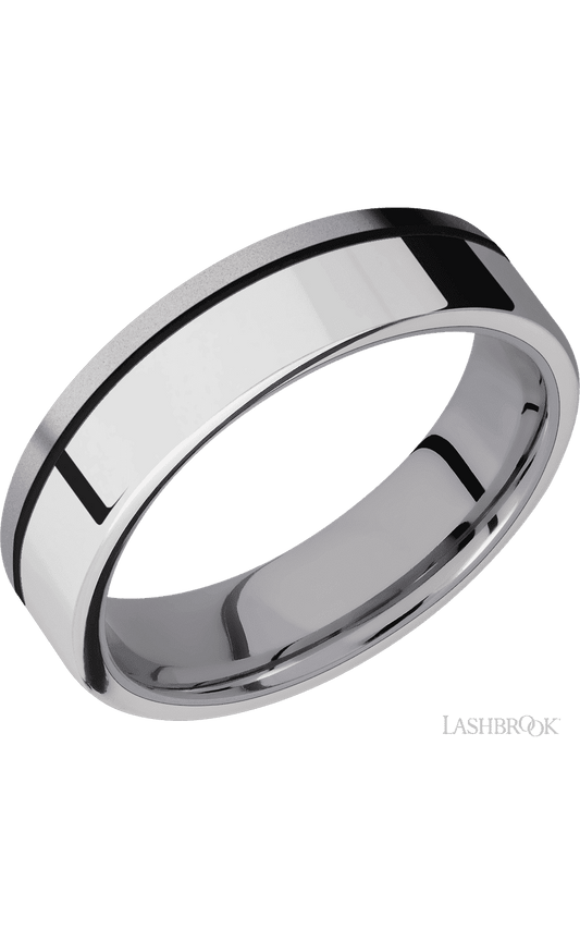 6 mm wide/Flat/Tantalum band with one 4 mm Off Center Edge inlay of Palladium Silver.